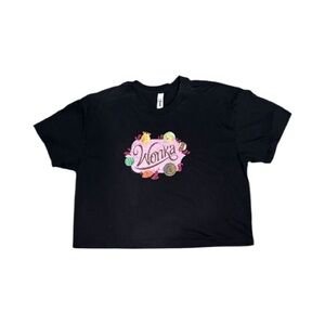 Willy Wonka Pink Logo Cropped T-Shirt Medium Black Candy Sweets Graphic NWOT